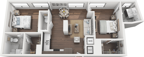 Floor plan for 2 beds, 2.5 baths, 973 sqft